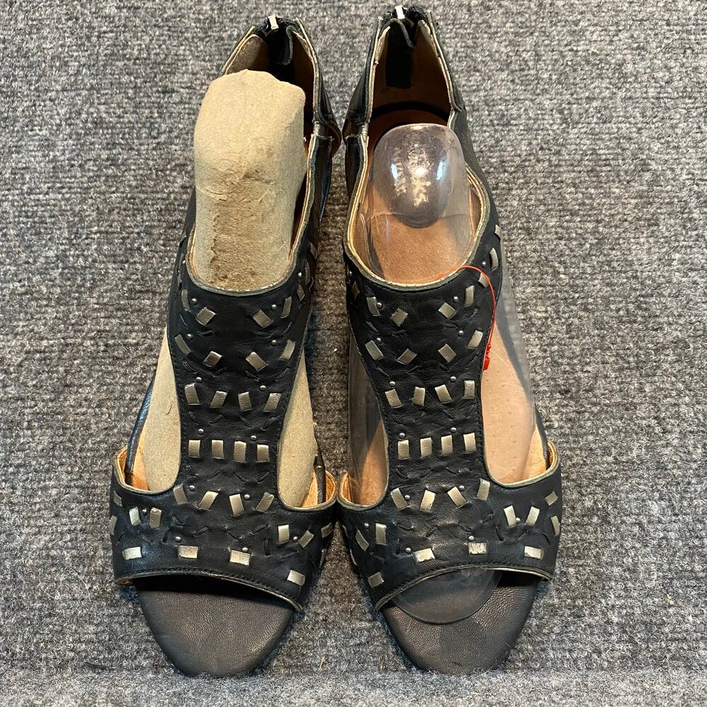 Clarks Artisan Thimble Clover Black Silver Leather Cutout Wedge Sandals Womens 9
